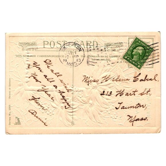 Vintage 1913 New Year Postcard Floral Design Scenic Winter Landscape 1 Cent Stam - Picture 2 of 2